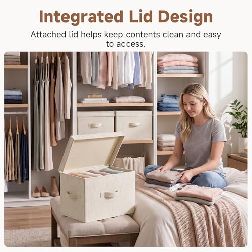Image of StorageWorks Fabric Storage Bins with Lid, Decorative Storage Boxes for Shelves, Stackable Closet Organizer Basket with Handles, Large, Beige, 2-Pack
