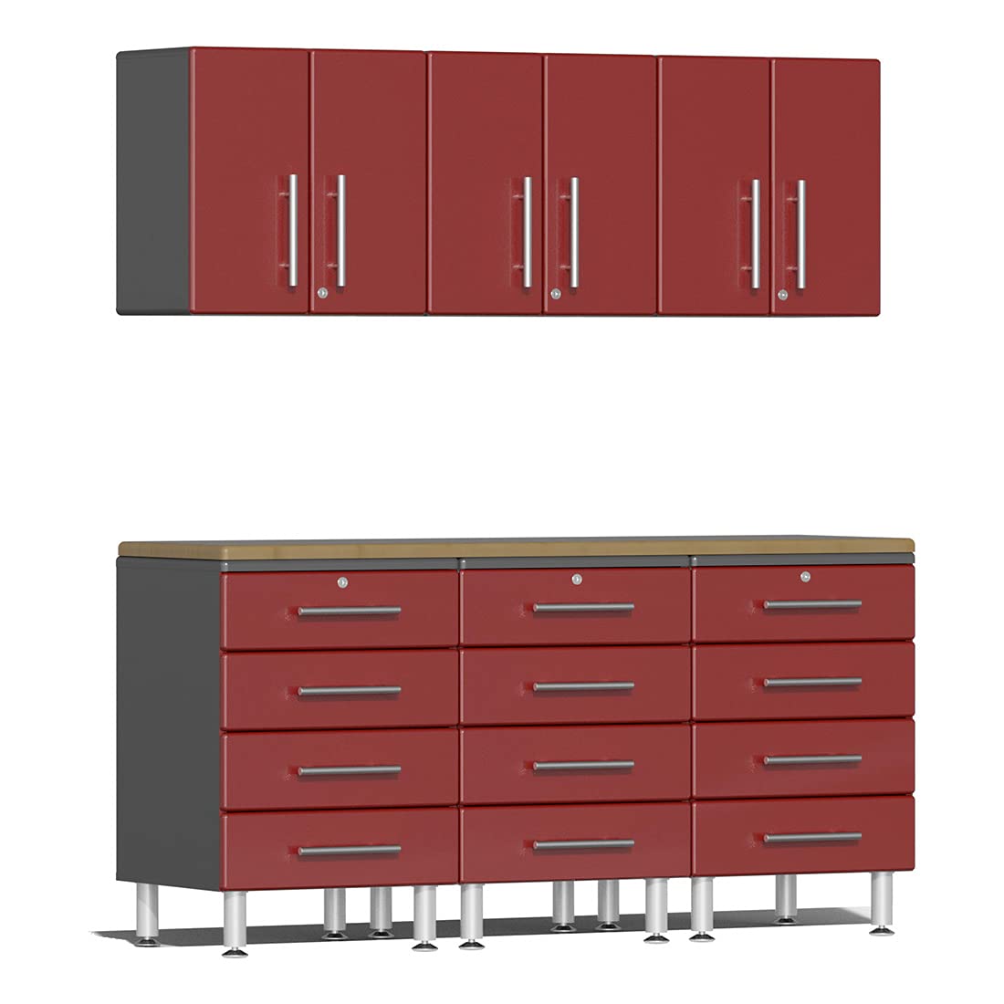 Ulti-MATE UG28072R 7-Piece Garage Cabinet Kit with Bamboo Worktop in Ruby Red Metallic