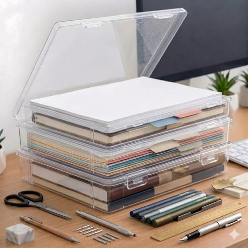 Image of Klick n shop A4 Clear File Storage Box Transparent Plastic Document Organizer with Secure Latching Lid, Stackable Paper Holder for Office, School & Home Use (PACK OF 4)