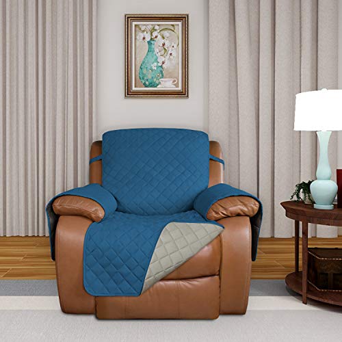 Image of PureFit Reversible Quilted Sofa Cover, Water Resistant Slipcover Furniture Protector, Washable Couch Cover with Non Slip and Elastic Straps for Kids, Dogs (Oversized Recliner, Peacock Blue /Beige)