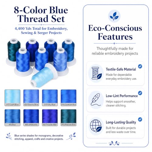 Image of Simthread 8 Shades 550Yds Each 40WT Polyester Embroidery Thread Blue Set | 8-shade blue set with 550Yds each offers smooth 40WT polyester thread for home and commercial embroidery machines.