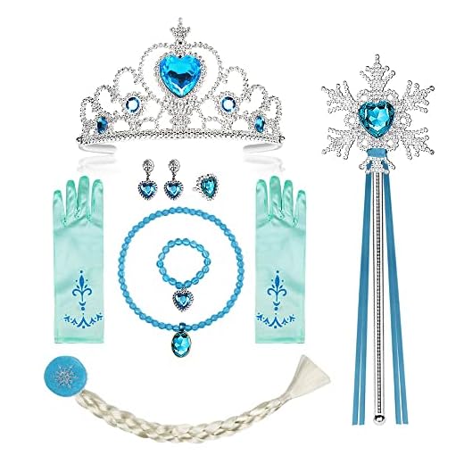 Vicloon Princesa Vestir Accesorios, 9Pcs Princesa Elsa Disfraz Accesorios, Elsa Joyas para Niñas Carnaval Fiesta, Trenza, Collar, Pulsera, Corona, Varita Mágica, Guantes, Anillo, Pendientes