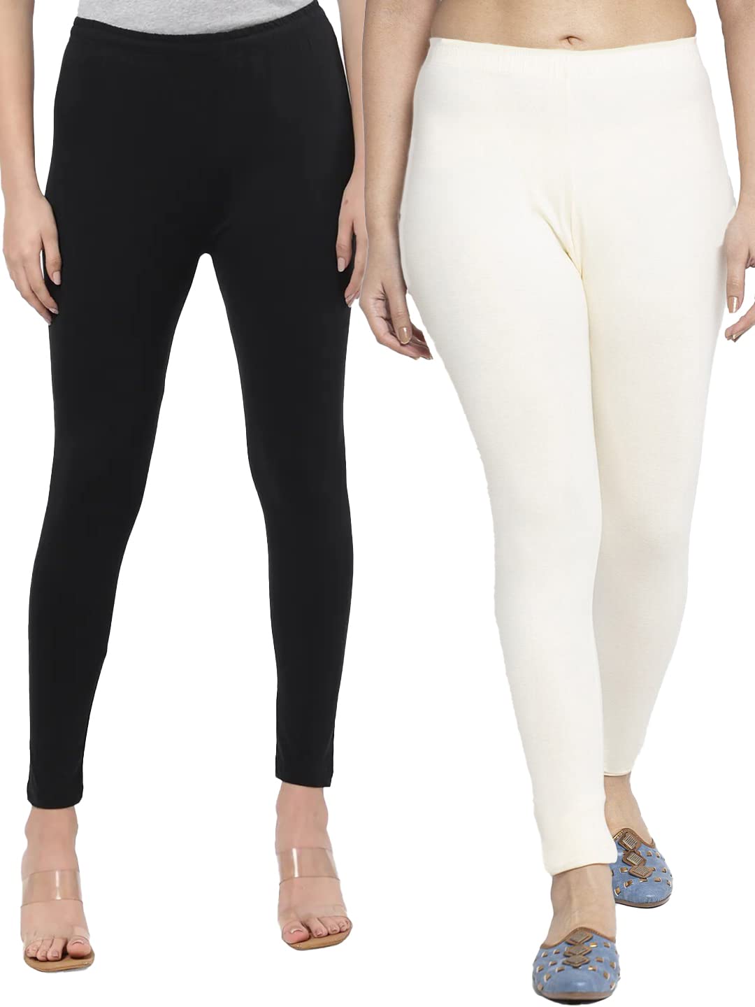 Women Pack of 2 Black & Cream Cotton Lycra Ankle Leggings (Freesize)-image-20