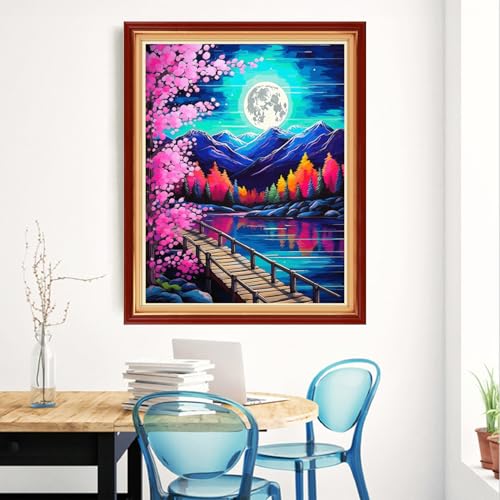 Image of Magxvouy Cross Stitch Kits Stamped Full Range of Embroidery Kits,Cross Stitch Patterns Needlework Kits for Beginners 11CT Printed Kits&Moonlit Peach Blossoms 16x20 inch