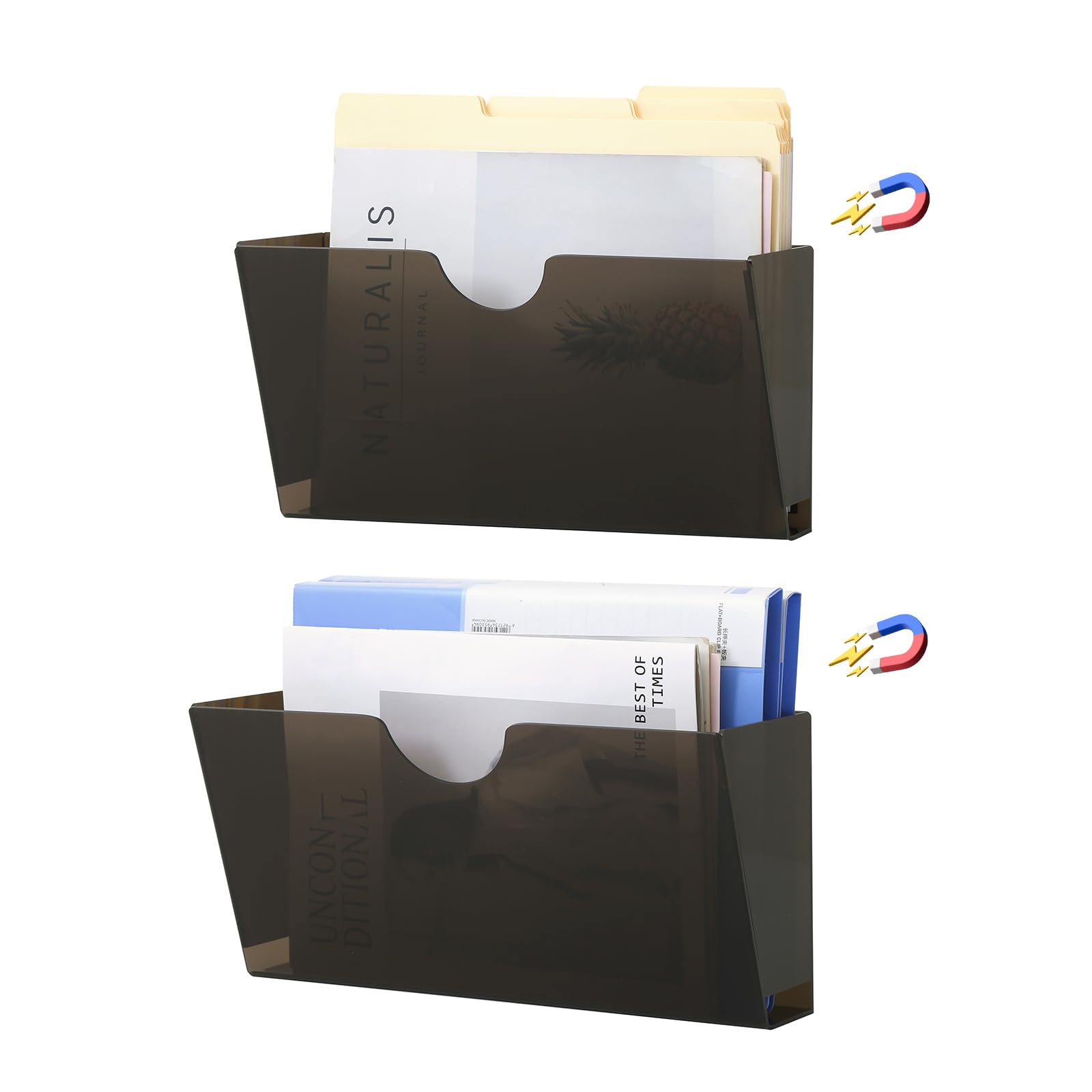 QozaryClear Acrylic Magnetic File Holder - 2 Pack Magazine Rack for File Cabinets, Magnetic Mail Holder, File Organizer for Refrigerator, White Board, Office