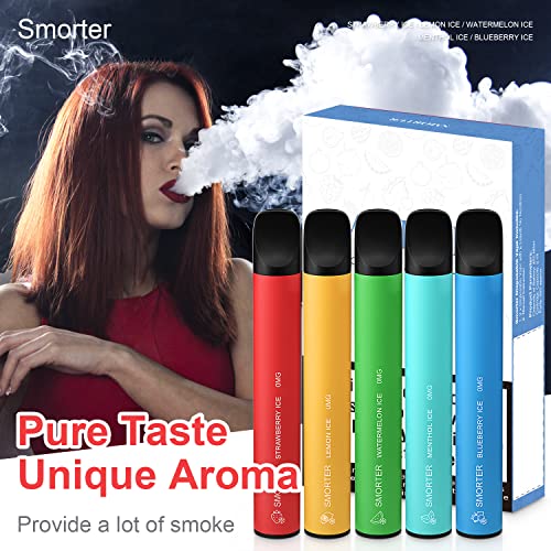 Smorter E Zigarette, 5 Stücke Einweg Vape E Zigarette, 450mAH E Zigarette mit Fruchtgeschmack, ohne Nikotin(Eis Wassermelone+Eis Blaubeere+Eis Erdbeere+Eis Minze+Eis Zitrone Geschmack) – Bild 7