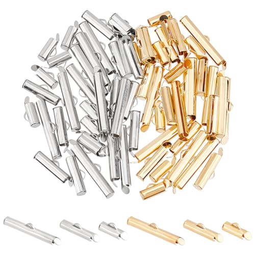 UNICRAFTALE 72Pcs 6 Styles 3 Sizes 2 Colors 304 Stainless Steel Slide On End Clasp Tube Buckle Clasps Slider End Caps Clasps Jewelry Accessories Findings 10-25mm Long for DIY Jewelry Craft Making