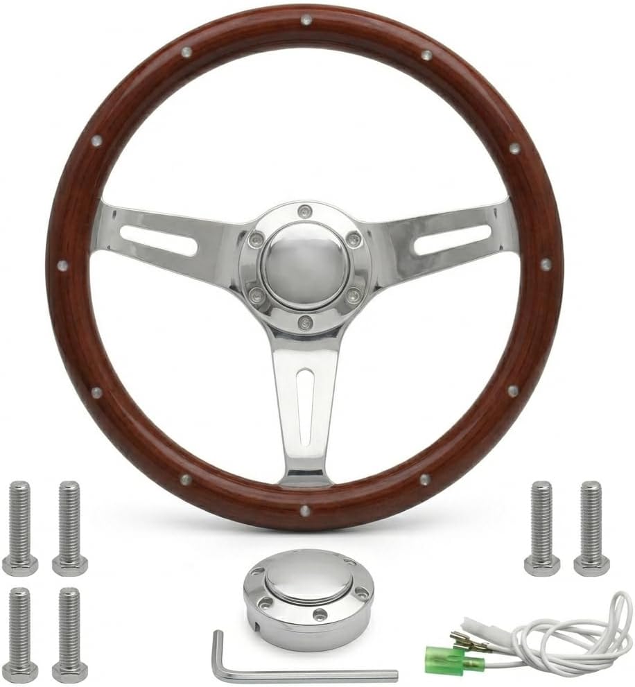 15" Solid Wood Grain Steering Wheel 380mm Universal 3 Spoke Aluminum Chrome Plated Steering Wheel with Horn button for Car Truck Boat (Round Hole)