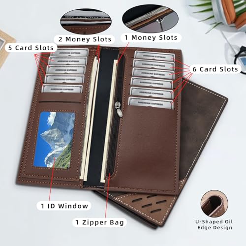 Long Wallet for Men, Contrasting Bifold Wallets with 12 Card Slots, 2 Cash Slots, ID Window and Zippered Coin Pocket, Credit Card Wallet for Suits and Daily Use (Deep Coffee)4
