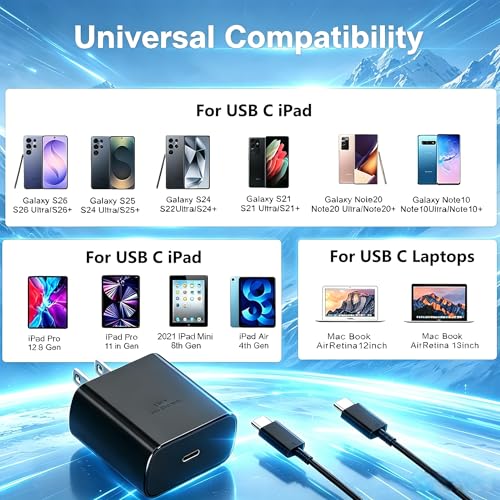 Image of 60W USB C Fast Charger Block,Wall Charging Plug & Long Type C Cable Cord 3ft /6ft /10ft,USB-C Charge Adapter Brick Cube Box for Samsung Galaxy S26 Ultra /S25+ /S24 /S23 /S22 /Note /Z Fold,iPhone 17 16 15,iPad