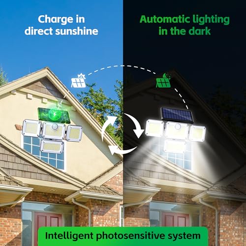 Outdoor Motion Sensor Lamp, 4-Head Solar Power Light, 333 LED Solar Light, Wireless Flood Lights Outdoor,3000 Lumens, 6500K, Motion Sensor, IP65 Waterproof, 270° Lighting Range for Street (2Pack)