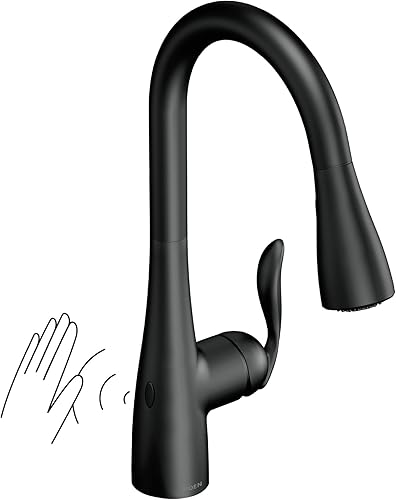 Moen Arbor Grifo de cocina con sensor de onda sin contacto de un asa con limpieza eléctrica, color negro mate, 7594EWBL
