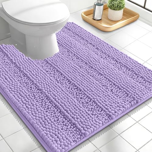 Image of OLANLY Thick Toilet Rugs U-Shaped 24x20, Extra Soft Absorbent Chenille Striped Contour Bathroom Rugs for Toilet, Dry Quickly, Machine Washable, Non-Slip Bath Mat, Lavender