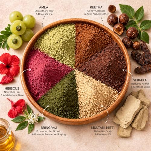 Image of Amla, Reetha, Shikakai, Bhringraj, Hibiscus and Multani Mitti Powder for Hair Care - Natural Hair Mask (Pack of 6, 150gm Each, Total 900 Grams)