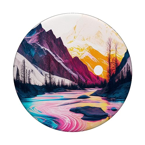 Mountain Wilderness Sunset Skyline Tree River Earthy Forest PopSockets Swappable PopGrip, Black - Image 3