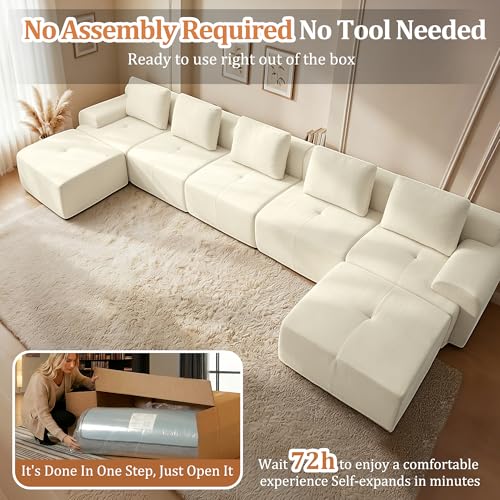 Image of 196 inch U Shaped Oversized Boneless Couch, Comfort Cloud Sectional Couches for Living Room, Modular Sofa High Back & Extra Deep Seat, No Assembly, Chenille(Warm White, 196 inch-U Shaped(5+2))