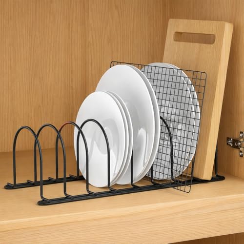 Image of Craftize Mstore Black Countertop Kitchen Organizer Rack with 7 Slots for Plates, Lids, Chopping Boards, Pans & Pots | Space-Saving Cookware Storage Stand (14 inch x 8 inch x 8 inch)