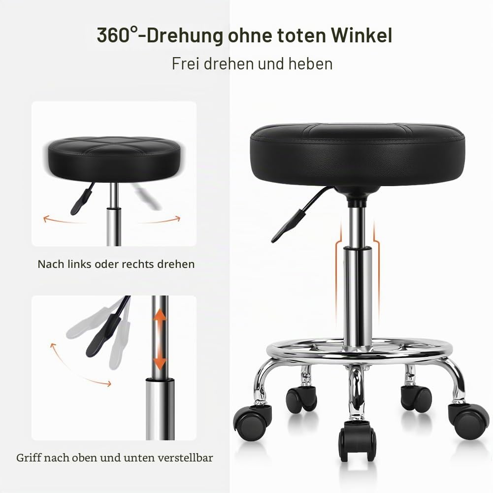 KKTONER Rollhocker Arbeitshocker Barhocker höhenverstellbar 49-64cm drehbar aus Kunstleder Schwarz