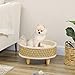 PawHut Erhöhtes Haustiersofa, Luxus katzensofa mit waschbarem Kissen, Haustierbett Hundeliege mit Seegrasseil und Holzbeine, Hundecouch, Rund, Indoor, Beige+Khaki, 48 x 48 x 24,5 cm