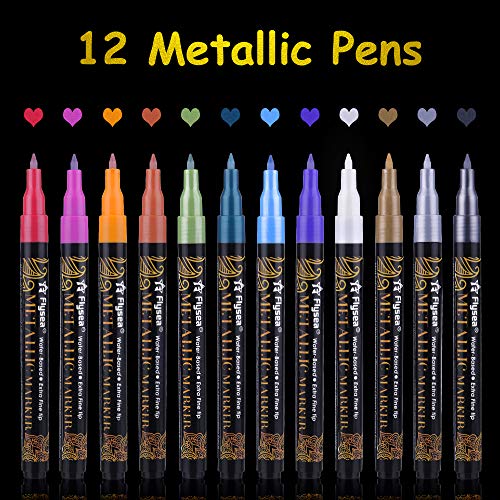 SUPERSUN 0.7mm Metallic Stifte Dünn Fotoalbum, 12 Farben Acrylstifte Stiften Acryl Metallic Stift für Steine Bemalen, Fotoalbum Schwarze Seiten, Holz, Glas