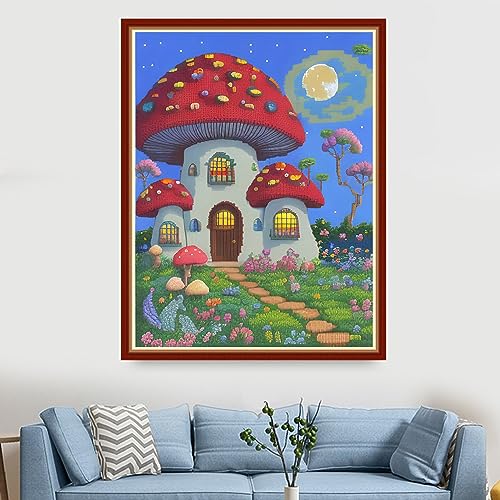 Image of Findvoor Stamped Cross Stitch Kits for Beginners Full Range of Cross Stitching Embroidery Pattern for Adults, 11CT DIY Needlepoint Embroidery Starter Kits-Mushroom Moon 15.7x19.7 inch