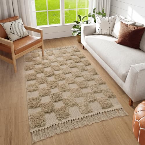 Lahome Checkered Living Room Rug, 4x6 Boho Area Rug for Bedroom Classroom Modern Washable Brown Rugs with Tassels, Woven Cotton Checkerboard Floor Carpet for Office Nursery Room Decor, Khaki