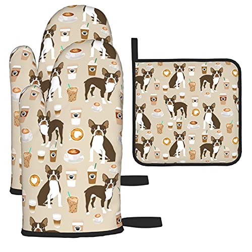 Oven Mitts And Potholders Bbq Gloves,Brown Boston Terrier Dog Dog And Coffee Non-Slip Heat Resistant Kitchen Oven Mitts And Pot Holders For Cooking Baking Grilling (3-Piece Set) #TOP1