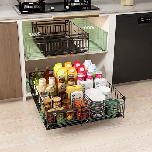 NETEL 2 cajones telescópicos para cocina, cajón extraíble sin taladrar, cestas extensibles para armario, cajones de cocina, organizadores extensibles, negro, 33-51 W x 53D x 17,5 cm