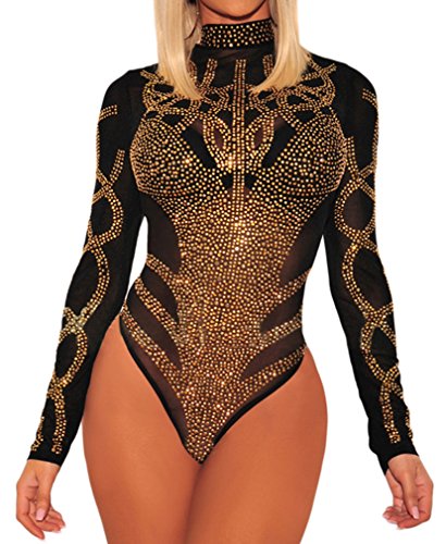 BarbedRose Women's See Through Mesh Rhinestone Long Sleeve Bodycon Bodysuit,Black,M