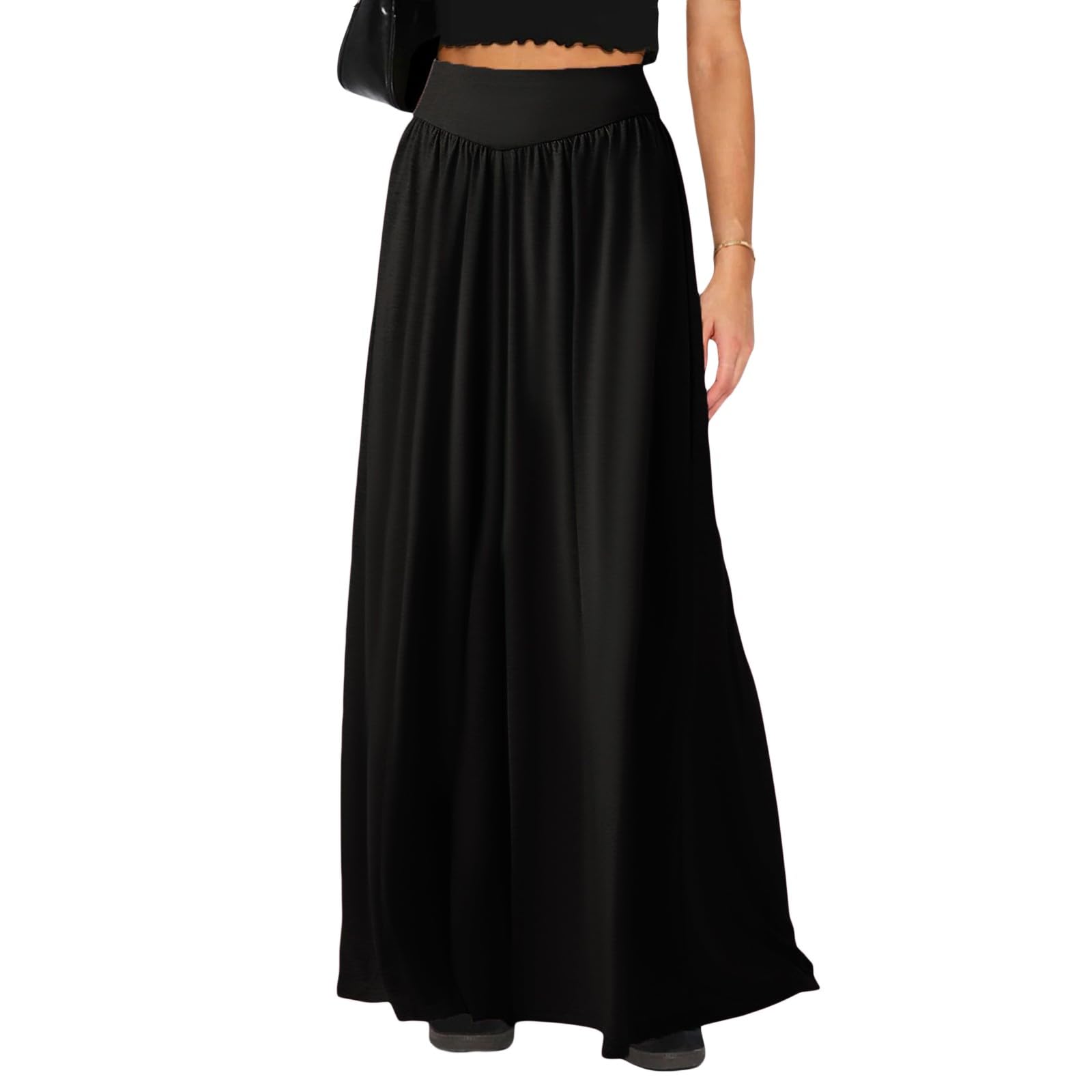 Wowcarbazole Women's Wide Leg Pants Elastic High Waist Casual Lounge Loose Palazzo Pant with Pockets Flowy Fall Long Trousers