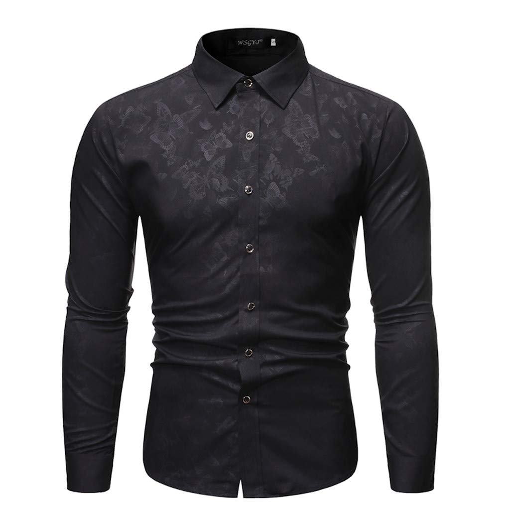 Mens Novelty Butterfly Printed Shirts Long Sleeve T-Shirt Casual Slim Fit Dress Shirts Black