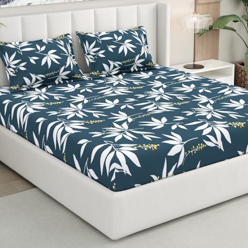 Image of Rivermoor 200 TC Ultrasoft Elastic Fitted Bedsheet for Double Bed | Queen Size Bed Sheet with 2 Pillow Covers | Blue White Printed| 72 x 78 x 10 Inches | Breathable & Hypoallergenic