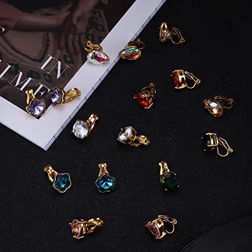 HAIAISO Clip On Earrings Set for Women - Non-Pierced CZ Heart, Butterfly, Flower Earrings - Hypoallergenic, Vibrant Color Birthstone Clip Ons4