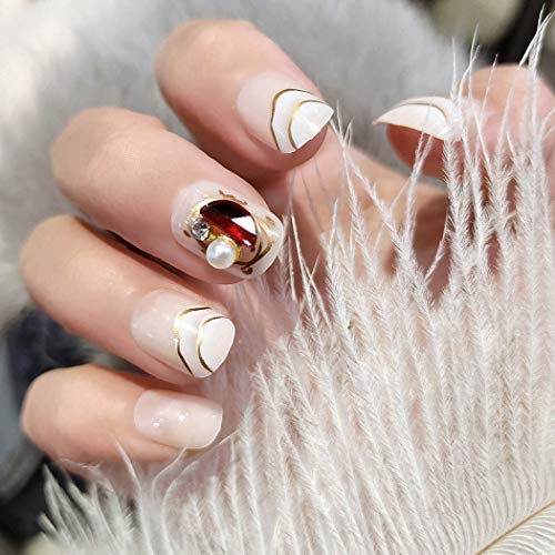 Sethexy 24Pcs Glossy False Nails Red Rhinestone and Bling Crystal Squama Pattern Short Square Fleshcolor Fake Nails Full Cover Acrylic Nails Tips for Women and Girls