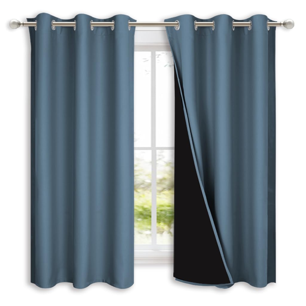 NICETOWN 100% Blackout Short Curtains with Black Liners, 2 Panels, 37" W by 40" L, Smoky Blue, Solid Thermal Insulated Full Blackout 2-Layer Lined Drapes, Energy Efficiency Window Drapes for Bedroom