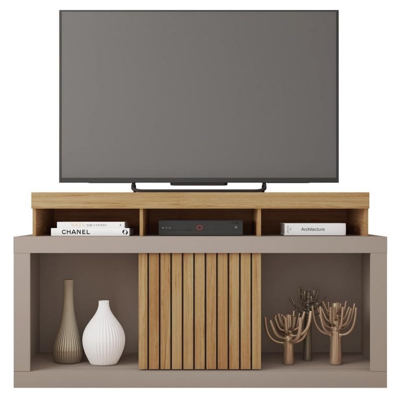 Meuble TV 55 Pouces Chêne et Gris 1 Porte 6 roulettes L 136 H 74 P 39 cm