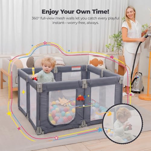 Image of Foldable Baby Playpen, 47 inchx49 inch Collapsible Play Pen for Babies Toddlers, 360 Vision Mesh Play Yard with Zipper Gate, Adjustable Shape Safety Baby Fence with Handles, Portable Indoor Outdoor, Grey