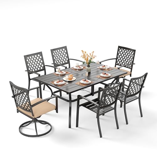 Image of PHI VILLA 7 Pcs Outdoor Dining Set for 6&Fixed Swivel Chairs Combo | 60 inchRectangular Black Metal Table with Umbrella Hole Patio Furniture Set for Patio, Deck, Backyard, Porch