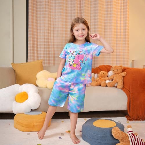 LQSZ Girls Pajamas Set with Pocket Toddler Kids Short Sleeve Sleepwear 3-14Y Pjs Set2
