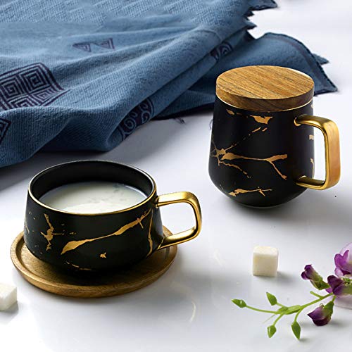 ENJOHOS 10 Oz Ceramic Tea Cup Coffee Cup Set with Wooden Saucer European Golden Hand Cup Saucer Set(Black) - Thumbnail 5