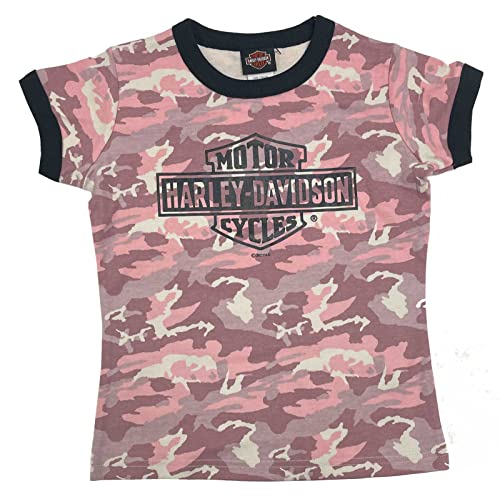 Harley-Davidson Little Girls' Camo Printed Ringer Short Sleeve Toddler Tee, Pink