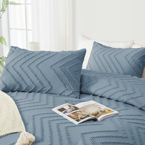 Image of Andency Greyish Blue California King Comforter Set, Boho Cal King Soft Warm Tufted Neutral Bedding Comforter Sets, 3 Pieces Cali King Aesthetic Chevron Farmhouse Cute Bohemian Textured Bedding Set