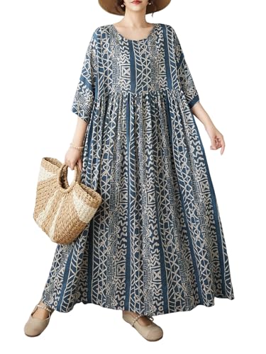 Image of Women Plus Size Dresses Summer Vintage Print O Neck Oversized Boho Vacation Casual Robe with Side Pockets
