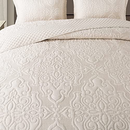 NEWLAKE Quilt Bedspread Set, Beige Jacquard Embossed Floral Pattern Reversible Embroidered Microfiber Coverlet Sets, Queen Size