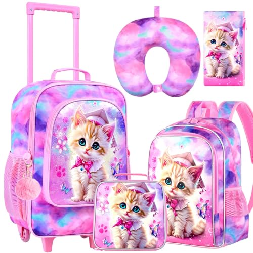 AGSDON 5 Piece Kids Luggage Set for Girls, Cute Rolling Wheels Suitcase for Toddler, Children Travel Carry on Suitcase -Cat
