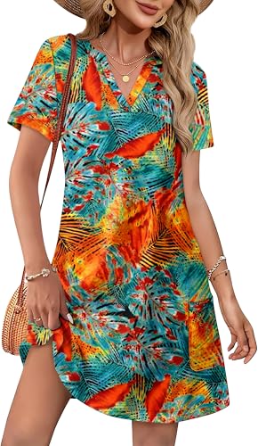 Image of WIHOLL Summer Dresses for Women Casual V Neck Wedding Guest Dress Hawaiian Midi Dress Fashion Beach Vacation Clothes