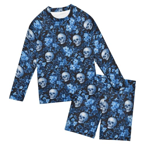 Skull Flower Boys Rash Guard Swimsuits Set for Boys Long Sleeve Swim Shirts Bathing Suits with Trunks B0404485