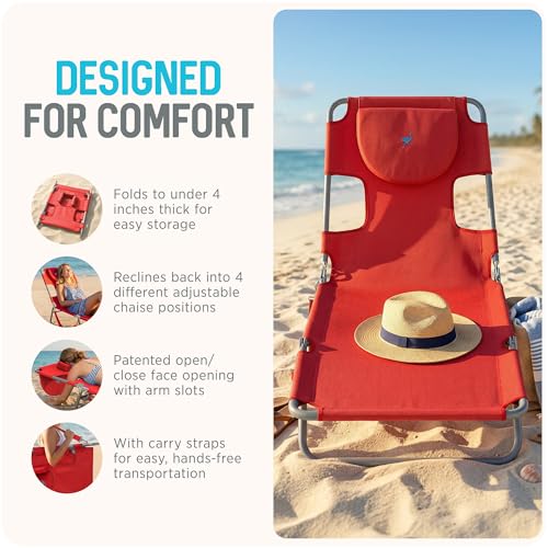 Image of Ostrich the Original Chaise 72 x 22 Inch Lounge Portable Reclining Lounger, Outdoor Patio, Beach, Lawn, Camping, or Pool Tanning Chair, Red