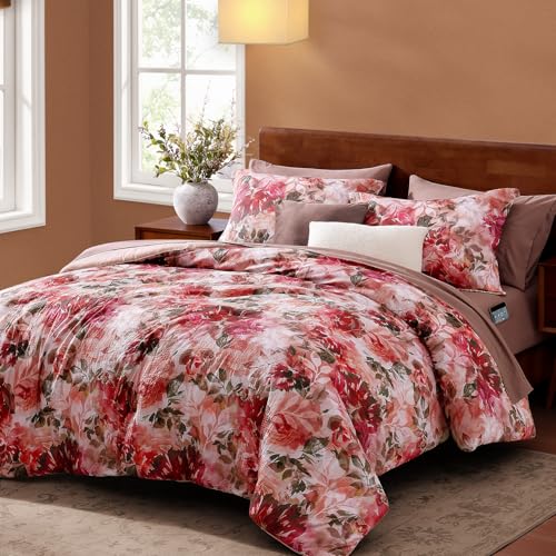 CASAAGUSTO Queen Comforter Set, 7 PCS Red Rose Floral Comforter Set with Flowers Leaves Pattern, Soft Seersucker Design All Season Queen Size Bedding Set(90"X90")