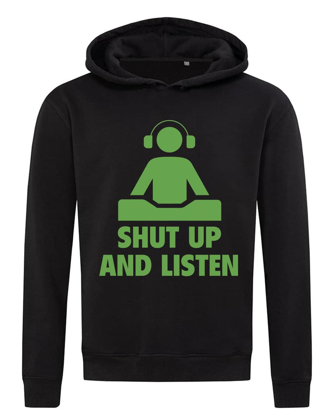 Felpa con cappuccio in misto cotone con scritta "Shut Up and Listen", colore: nero